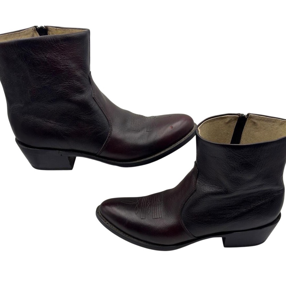Vintage Leather Western Ankle Boots Burgundy Oxblood Pointed Toe Side Zip